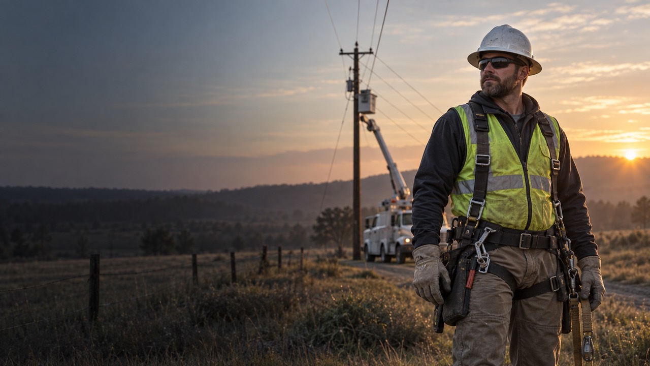 Lineman in high-visibility gear at a worksite at sunrise